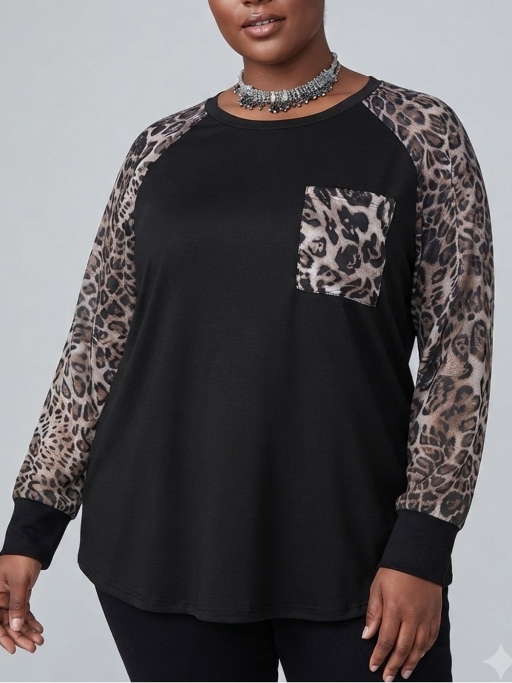 😍CLEARANCE -EMSJ Black Long Sleeve Tee Cheetah Print Sheer Sleeves & Pocket 2X